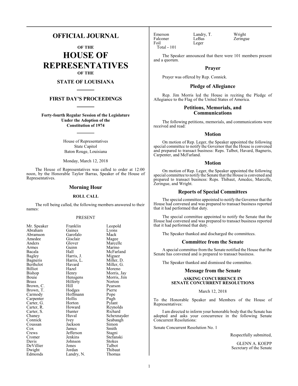 House of Representatives on Motion of Rep