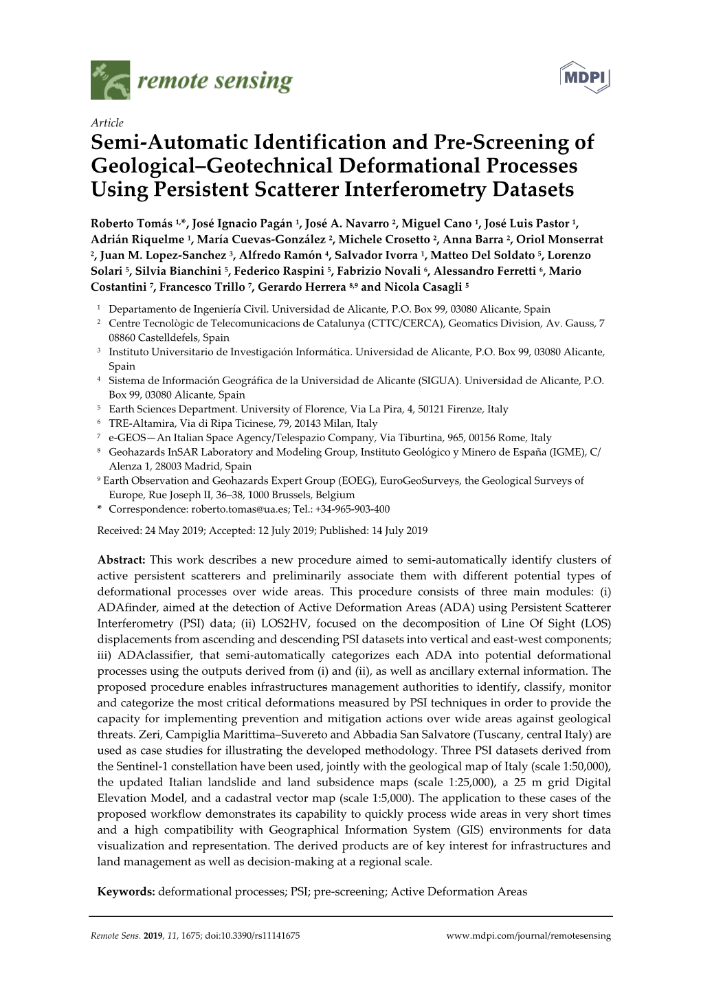 Semi-Automatic Identification and Pre-Screening of Geological–Geotechnical Deformational Processes Using Persistent Scatterer Interferometry Datasets