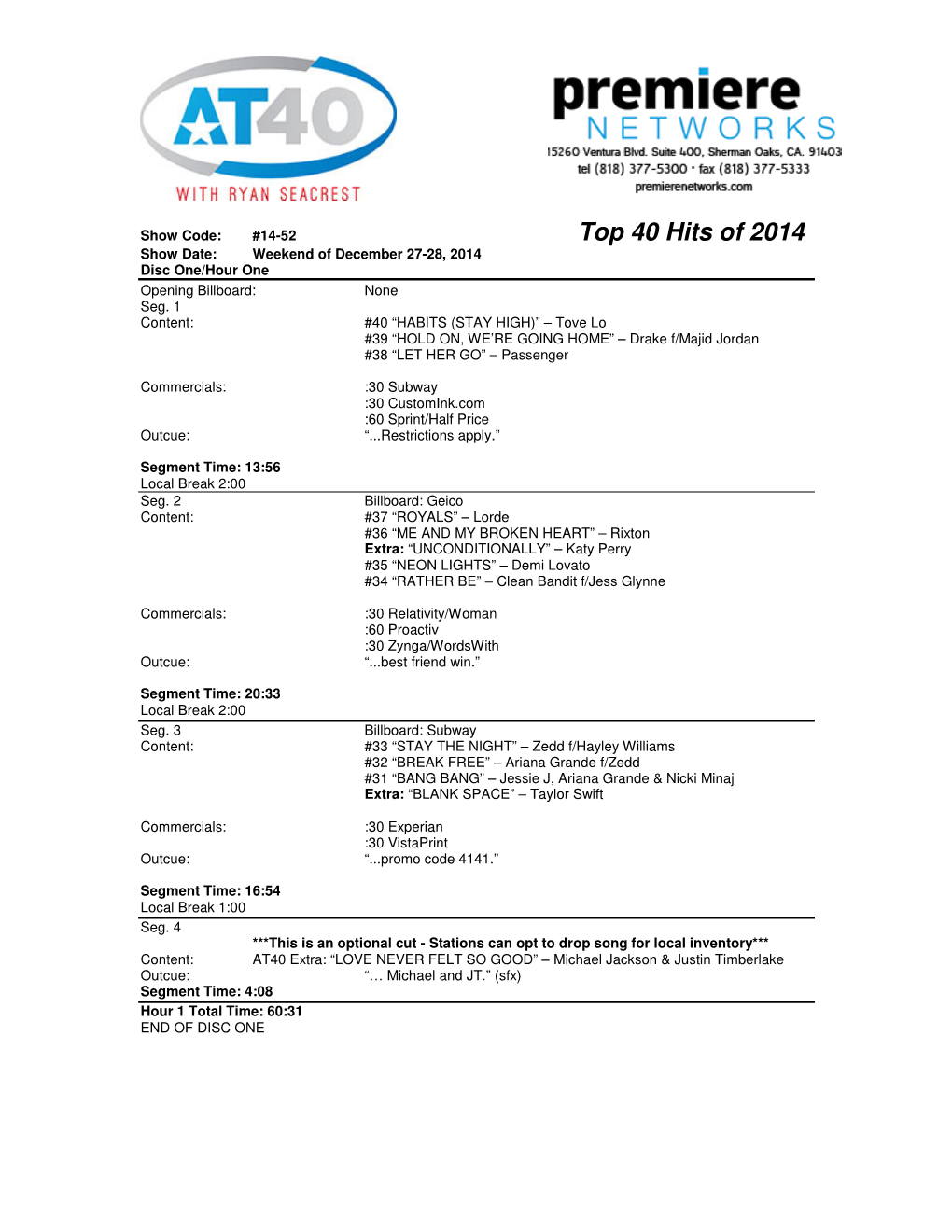 Top 40 Hits of 2014 Show Date: Weekend of December 27-28, 2014 Disc One/Hour One Opening Billboard: None Seg