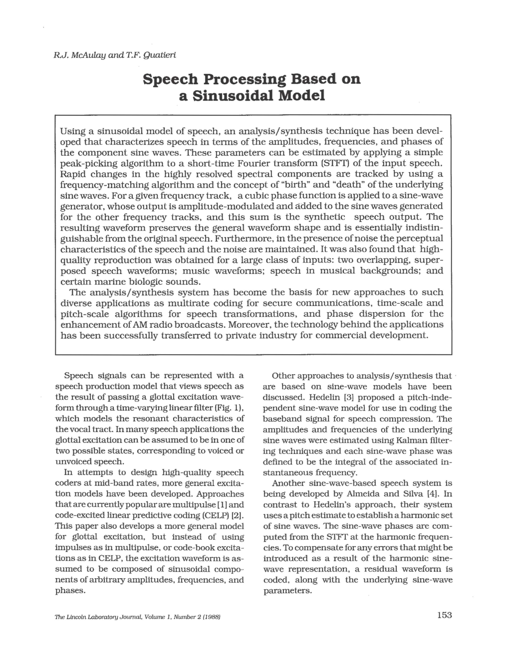 Speech Processing Based on a Sinusoidal Model