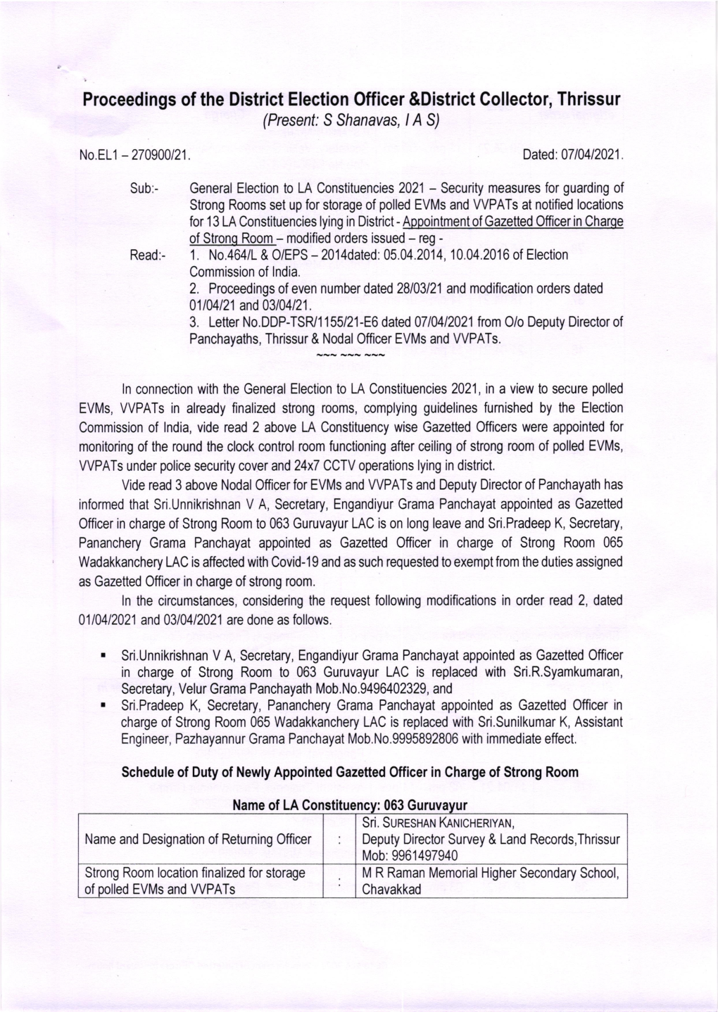Proceedings of the District Election Officer &District Collector, Thrissur
