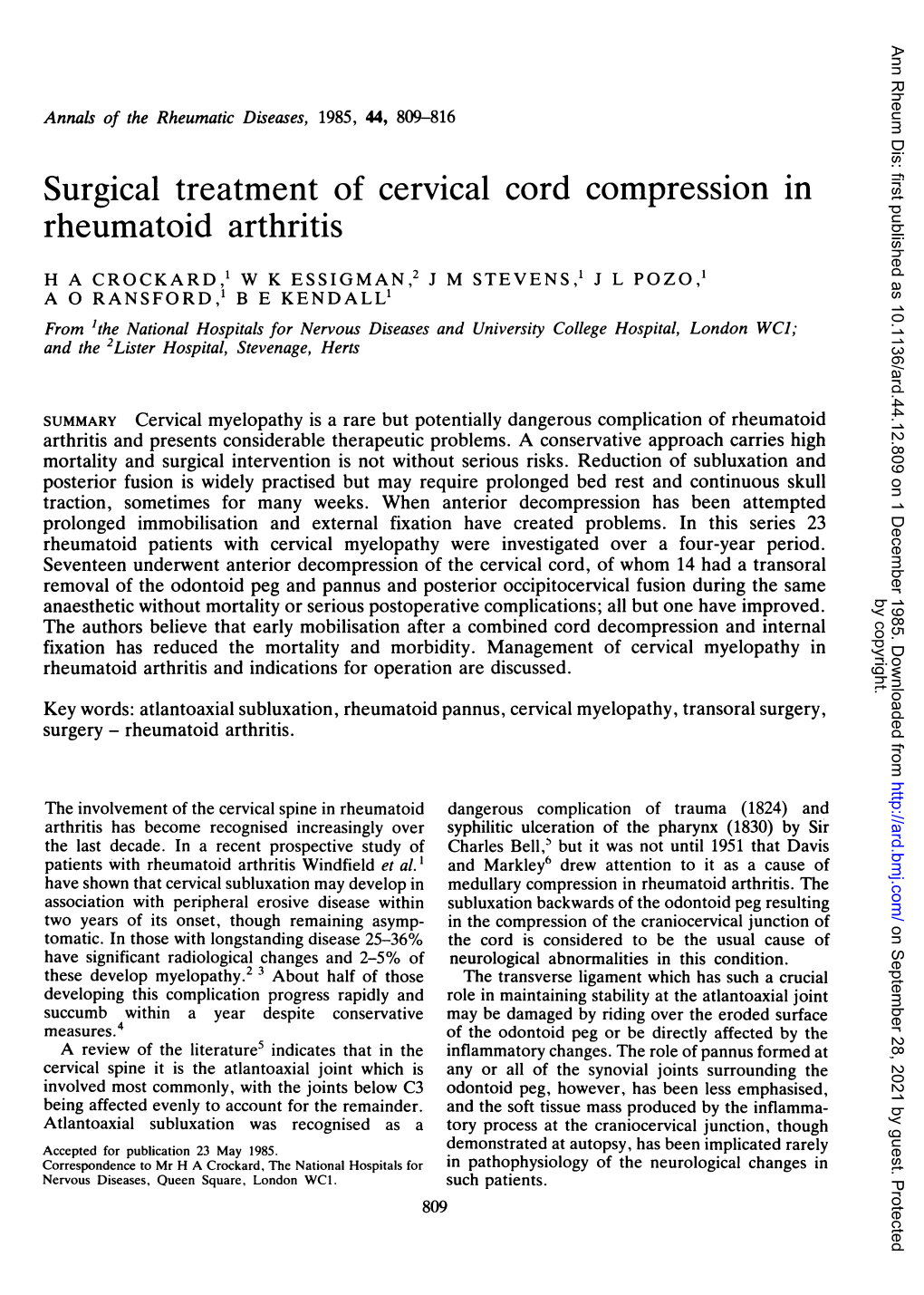 Surgical Treatment of Cervical Cord Compression in Rheumatoid Arthritis