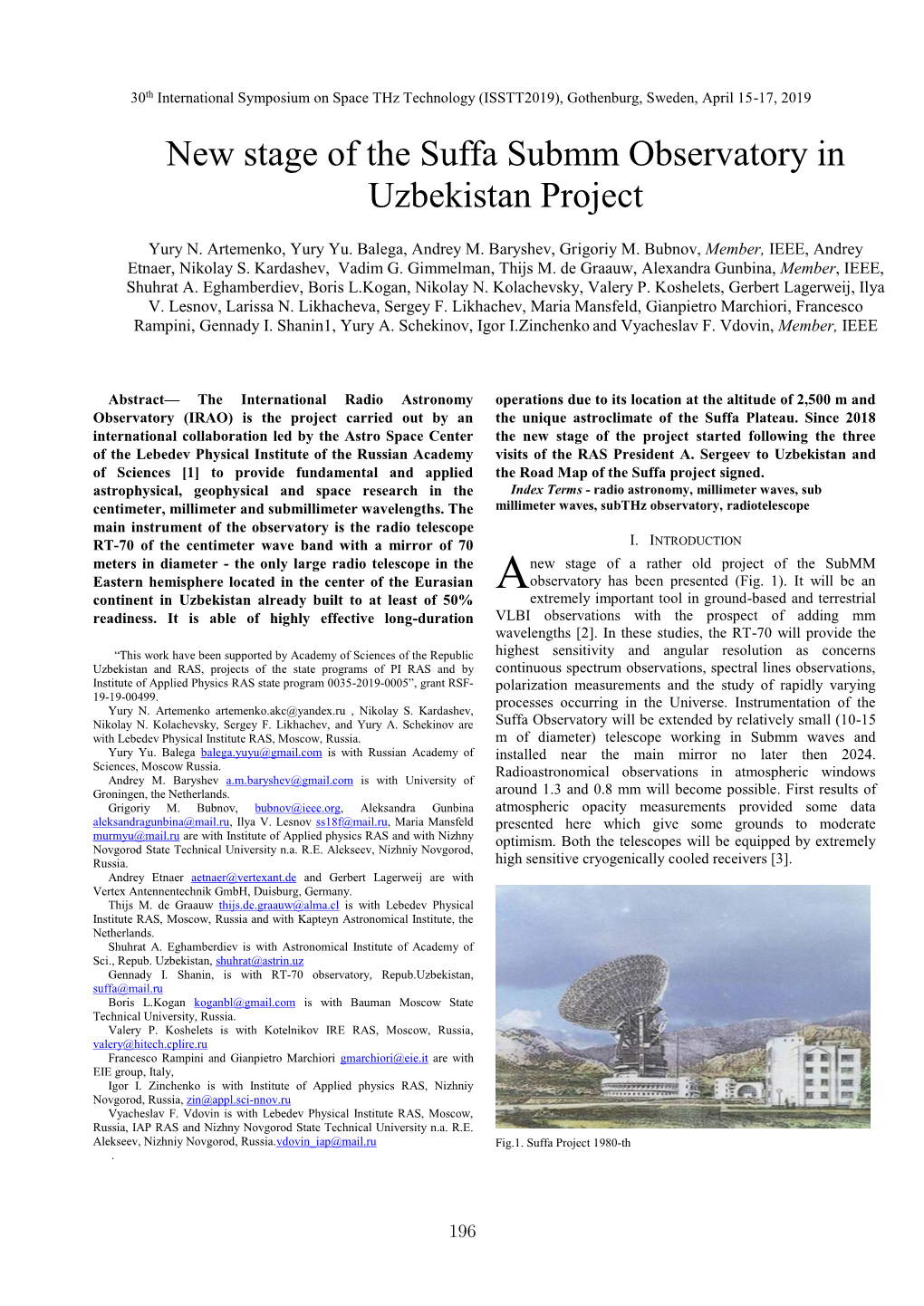 New Stage of the Suffa Submm Observatory in Uzbekistan Project