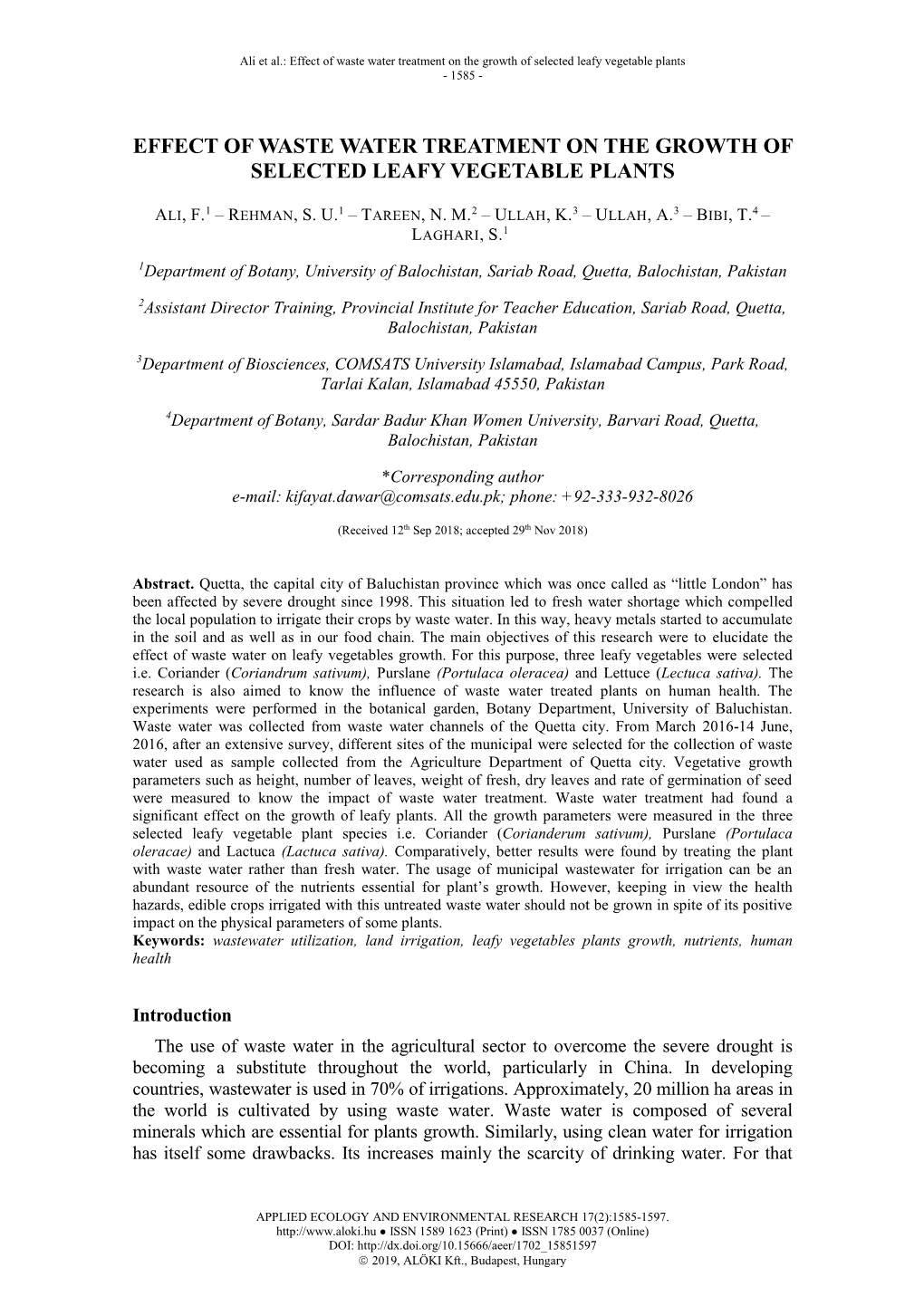 Effect of Waste Water Treatment on the Growth of Selected Leafy Vegetable Plants - 1585