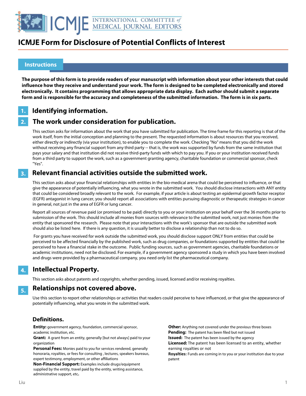 ICMJE Form for Disclosure of Potential Conflicts of Interest