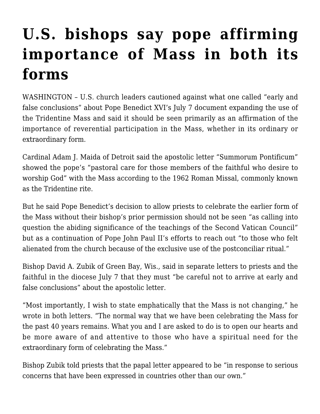 U.S. Bishops Say Pope Affirming Importance of Mass in Both Its Forms