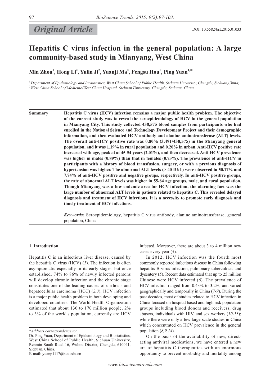 Hepatitis C Virus Infection in the General Population: a Large Community-Based Study in Mianyang, West China