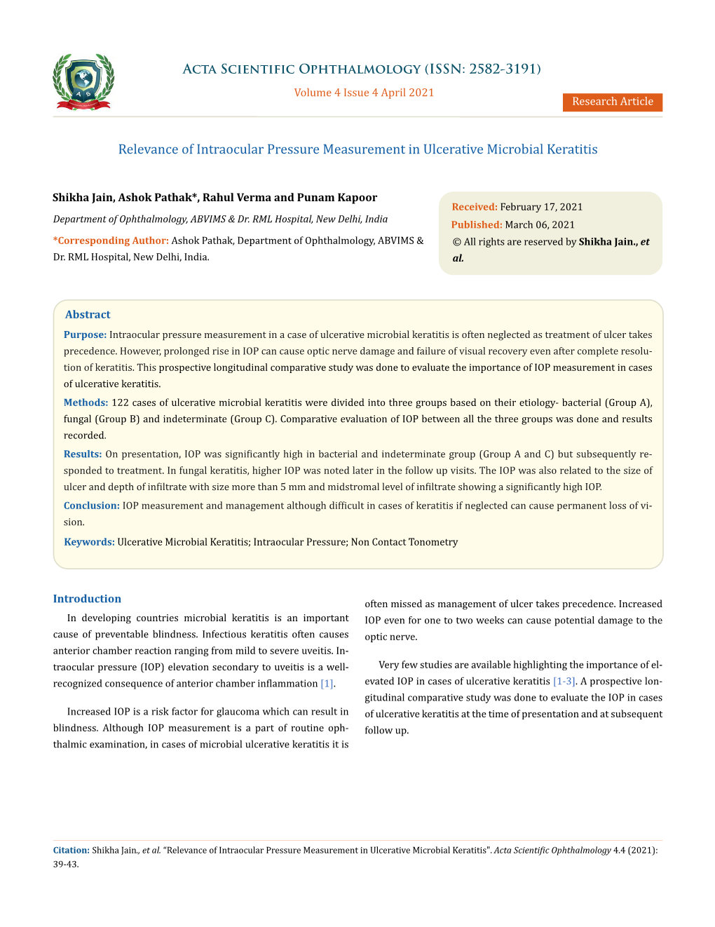 Relevance of Intraocular Pressure Measurement in Ulcerative Microbial Keratitis
