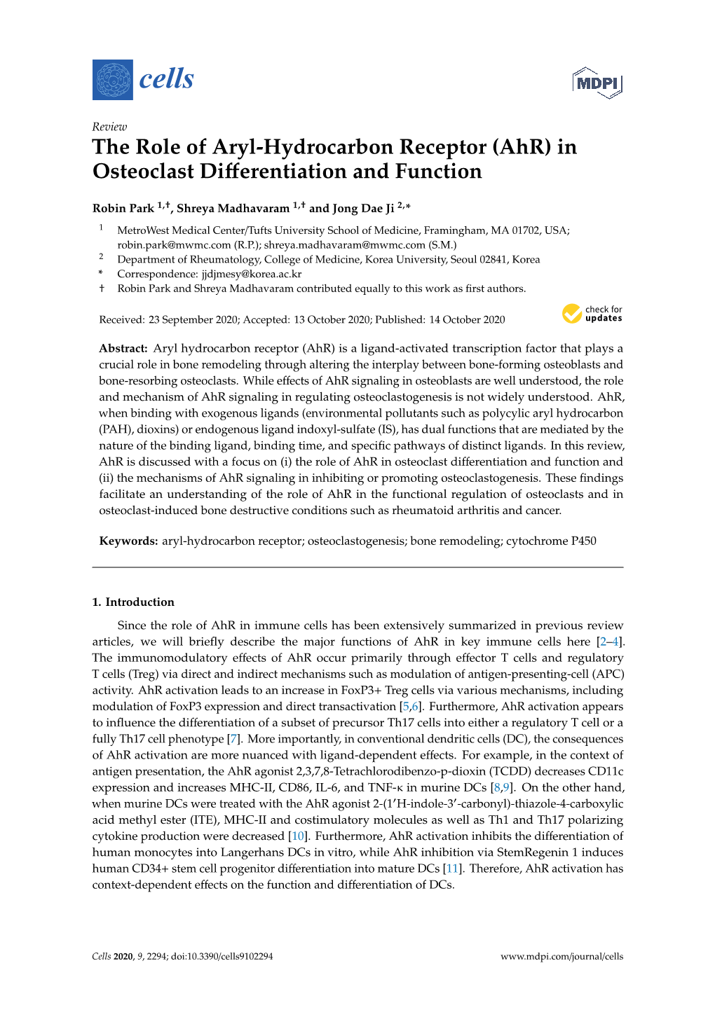 The Role of Aryl-Hydrocarbon Receptor (Ahr) in Osteoclast Diﬀerentiation and Function