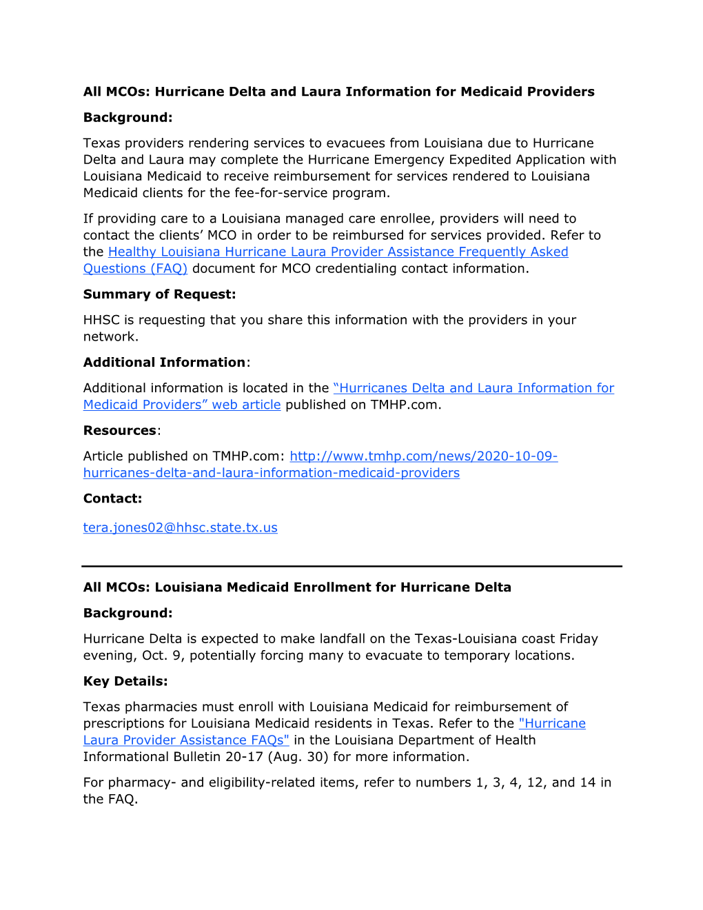 All Mcos: Hurricane Delta and Laura Information for Medicaid Providers