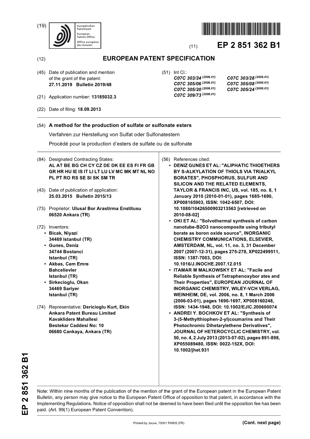 A Method for the Production of Sulfate Or Sulfonate Esters