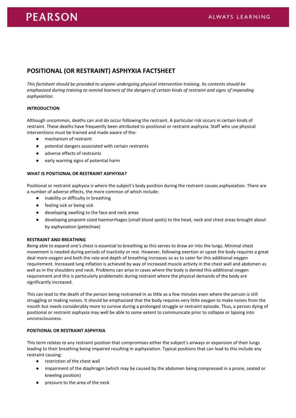 Advice on Positional Asphyxia