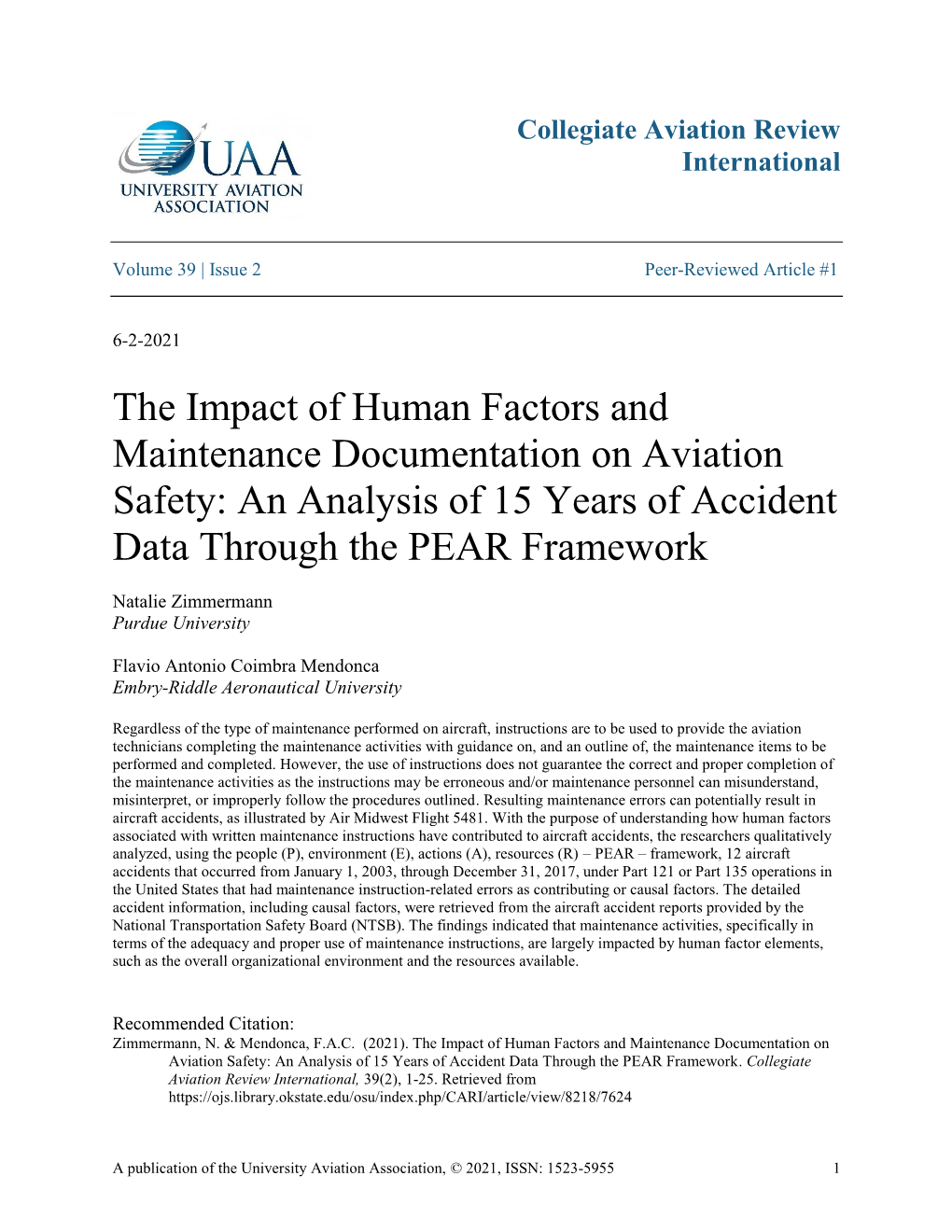 The Impact of Human Factors and Maintenance Documentation on Aviation Safety: an Analysis of 15 Years of Accident Data Through the PEAR Framework