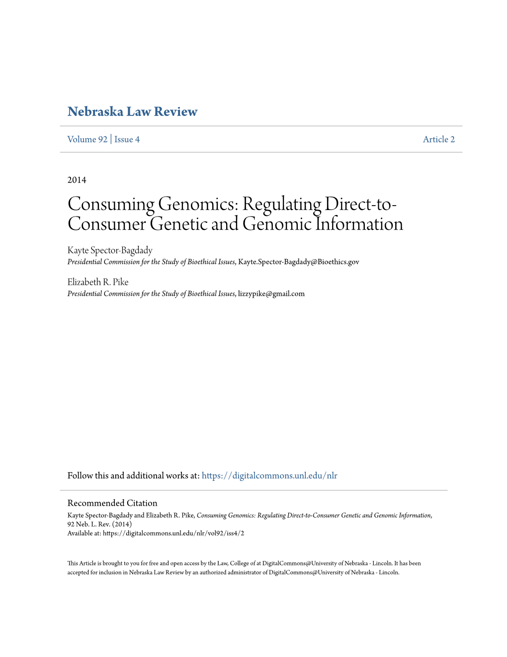 Regulating Direct-To-Consumer Genetic and Genomic Information, 92 Neb