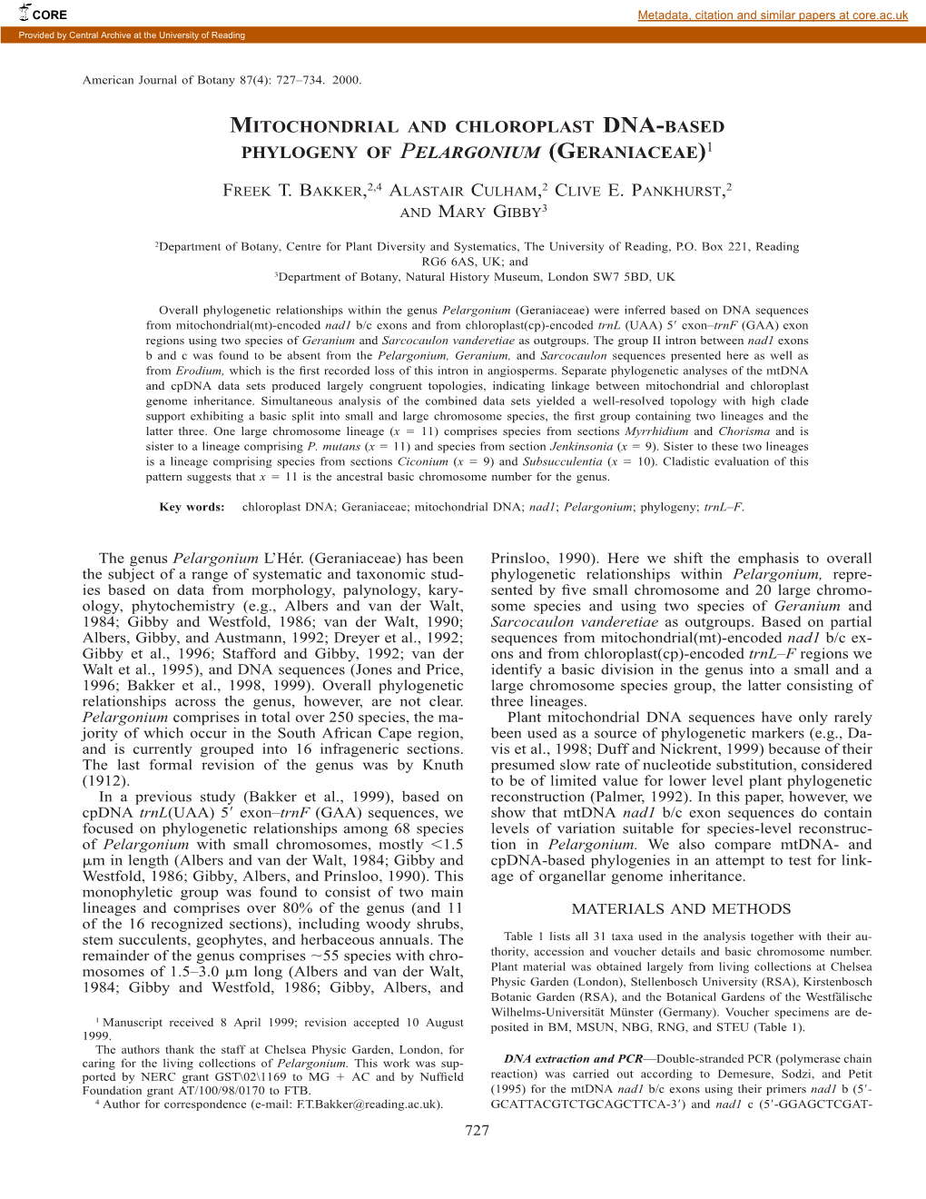 Mitochondrial and Chloroplast Dna-Based Phylogeny of Pelargonium (Geraniaceae)1