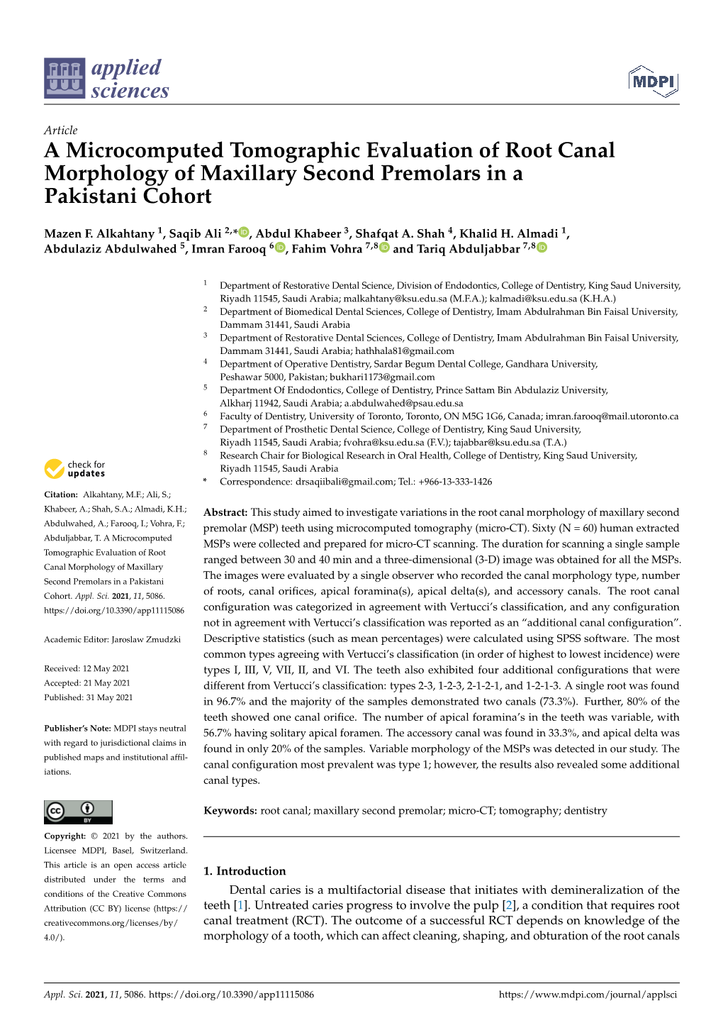 A Microcomputed Tomographic Evaluation of Root Canal Morphology of Maxillary Second Premolars in a Pakistani Cohort