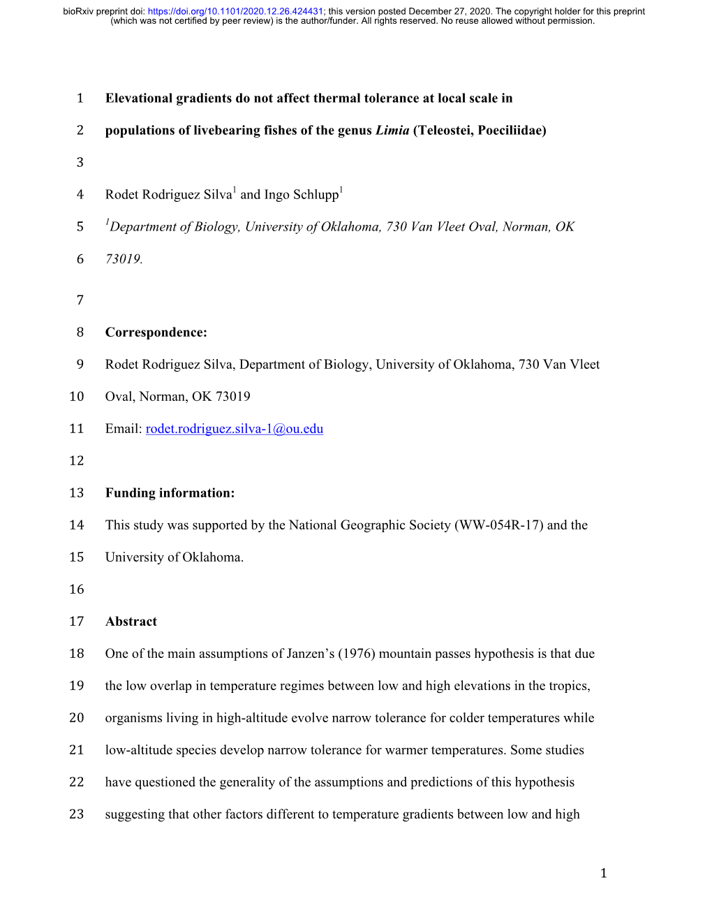 Elevational Gradients Do Not Affect Thermal Tolerance at Local Scale In