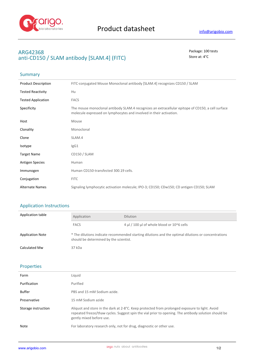 Anti-CD150 / SLAM Antibody [SLAM.4] (FITC) (ARG42368)