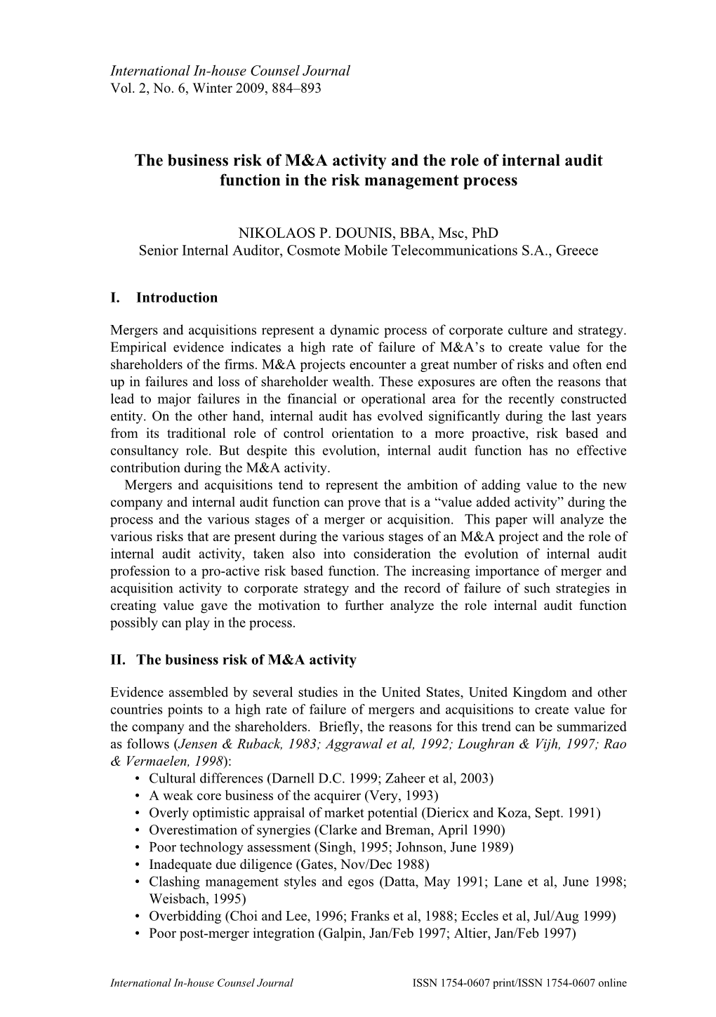 The Business Risk of M&A Activity and the Role of Internal Audit Function In