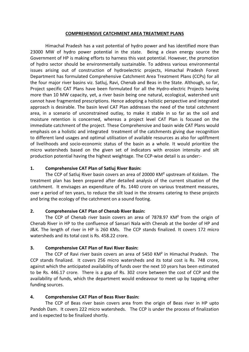 Comprehensive Catchment Area Treatment Plans