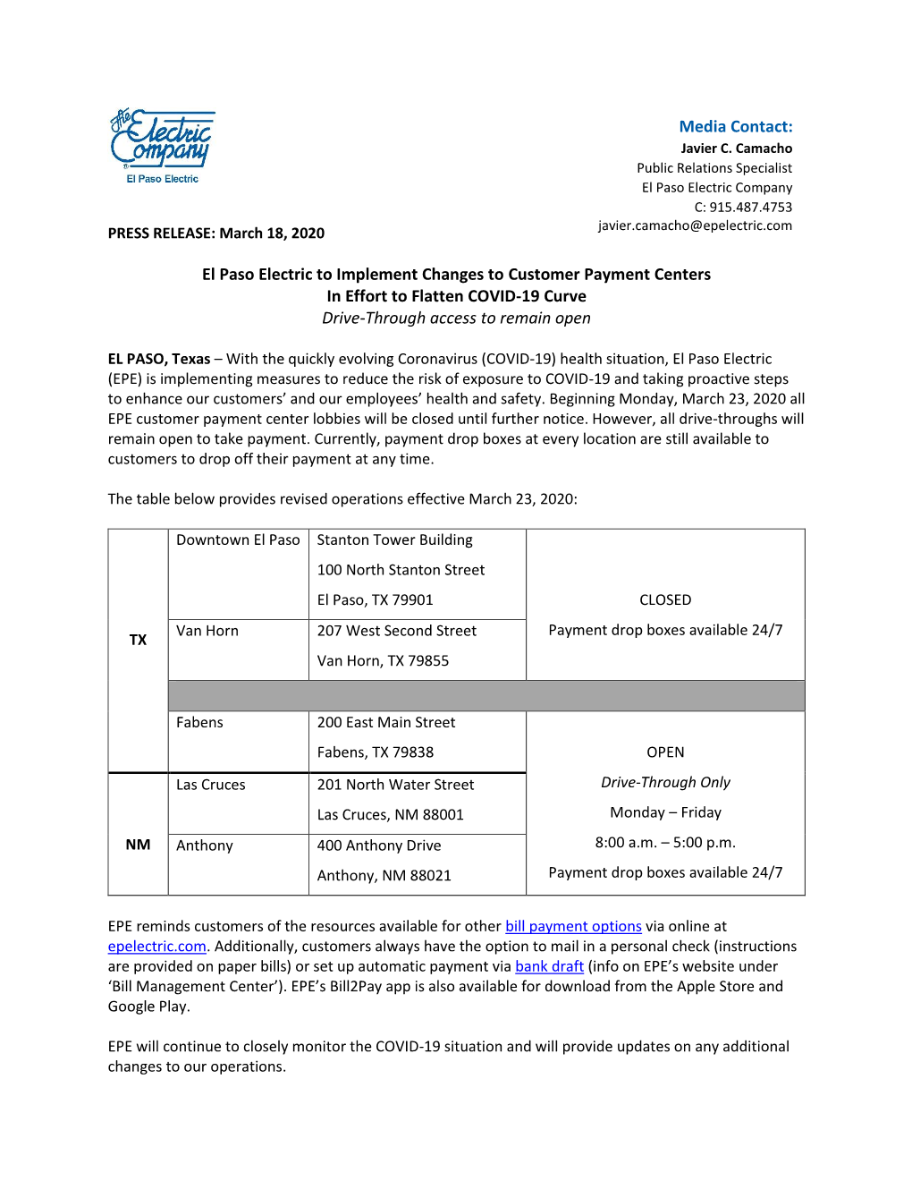 El Paso Electric to Implement Changes to Customer Payment Centers in Effort to Flatten COVID-19 Curve Drive-Through Access to Remain Open