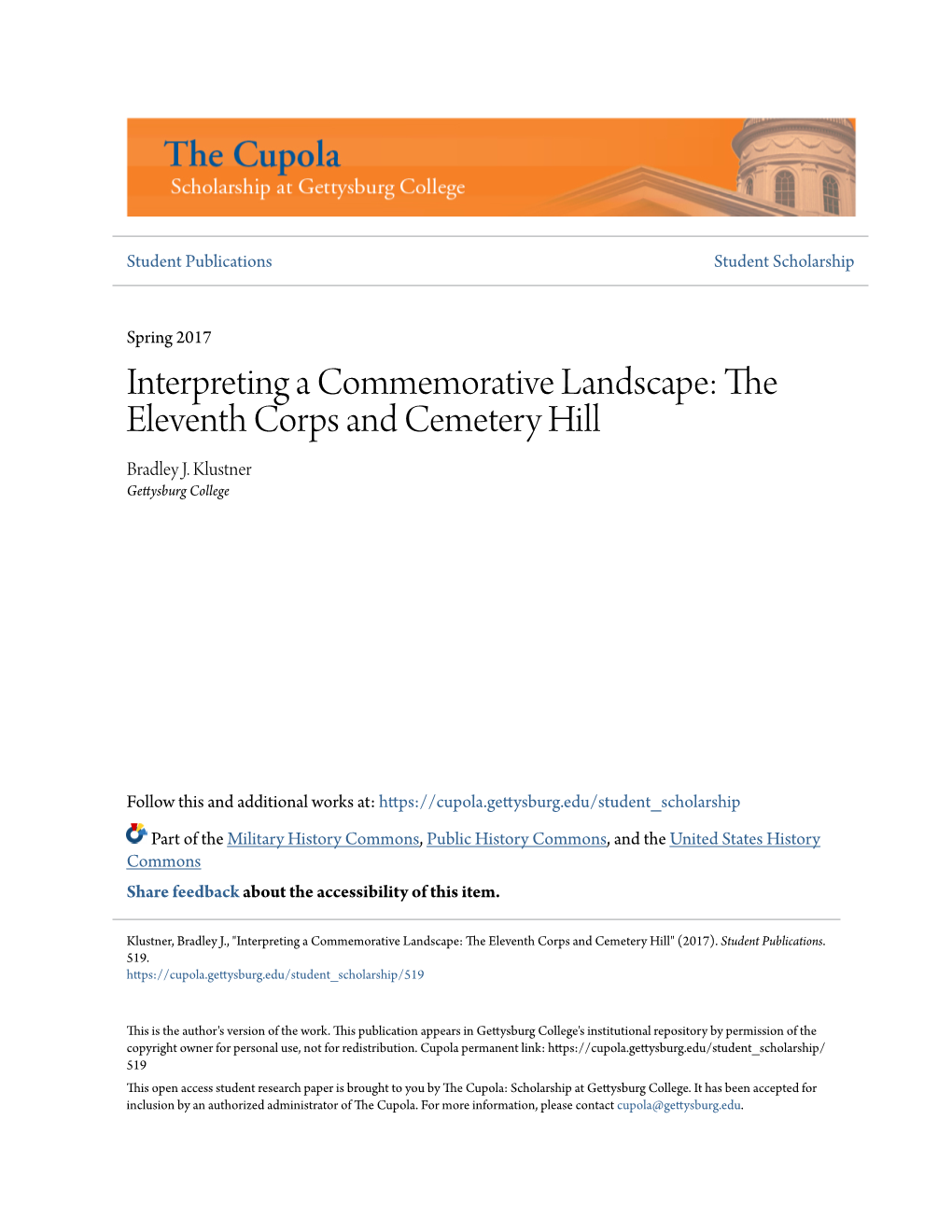 Interpreting a Commemorative Landscape: the Eleventh Corps and Cemetery Hill Bradley J