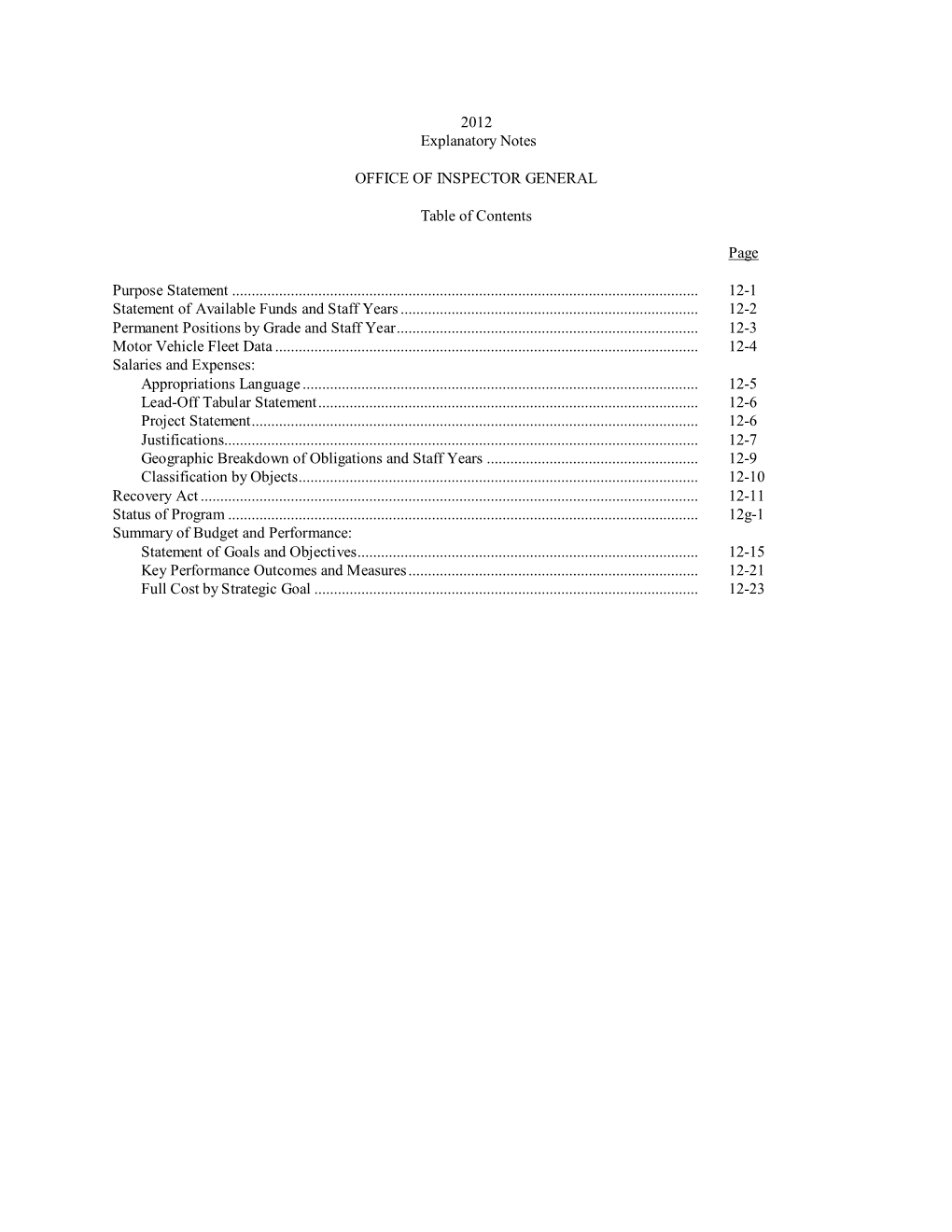 2012 Explanatory Notes OFFICE of INSPECTOR GENERAL