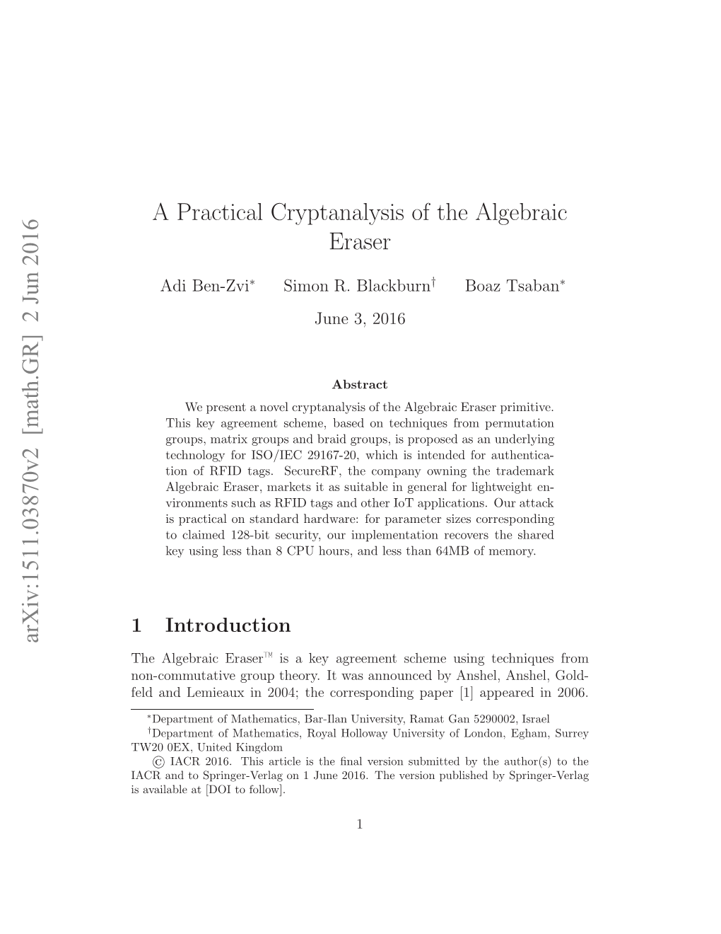 A Practical Cryptanalysis of the Algebraic Eraser