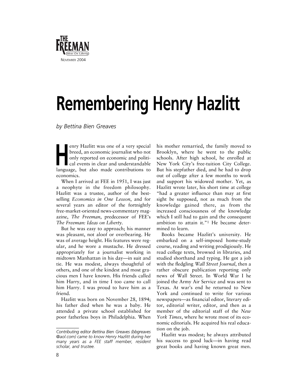 Remembering Henry Hazlitt by Bettina Bien Greaves