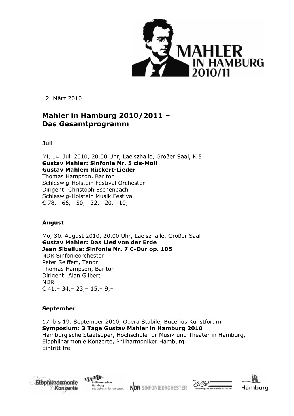 Mahler in Hamburg 2010/2011 – Das Gesamtprogramm