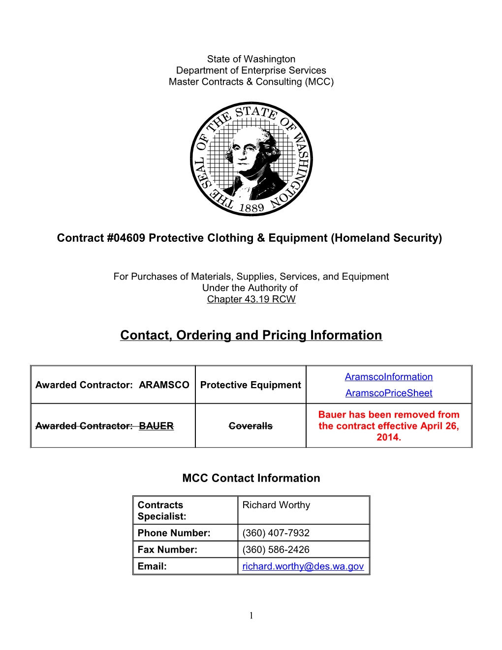 Contract #04609 Protective Clothing & Equipment