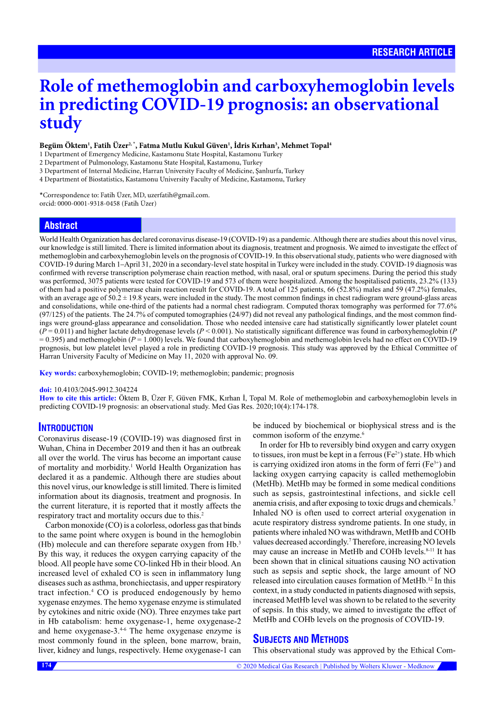 Role of Methemoglobin and Carboxyhemoglobin Levels in Predicting COVID-19 Prognosis: an Observational Study