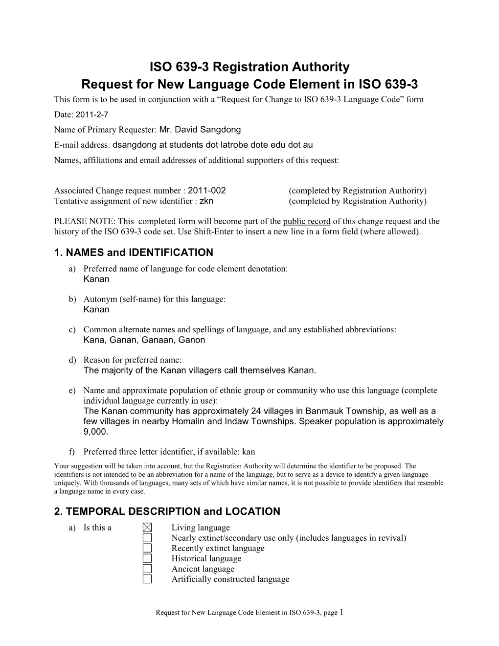 ISO 639-3 Registration Authority Request for New Language Code