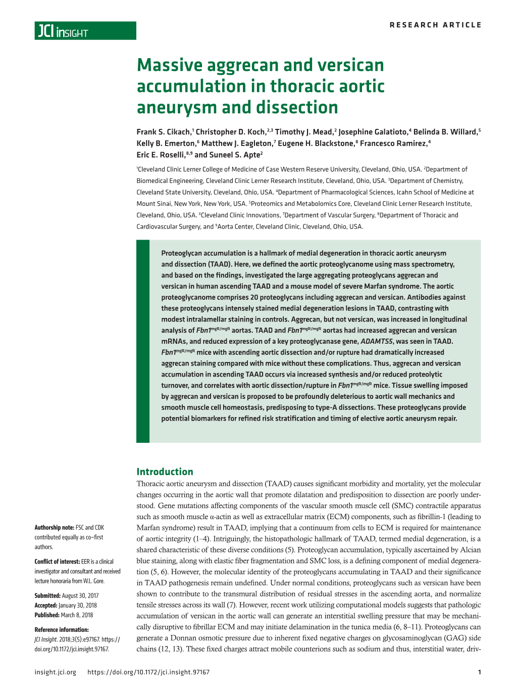 Massive Aggrecan and Versican Accumulation in Thoracic Aortic Aneurysm and Dissection