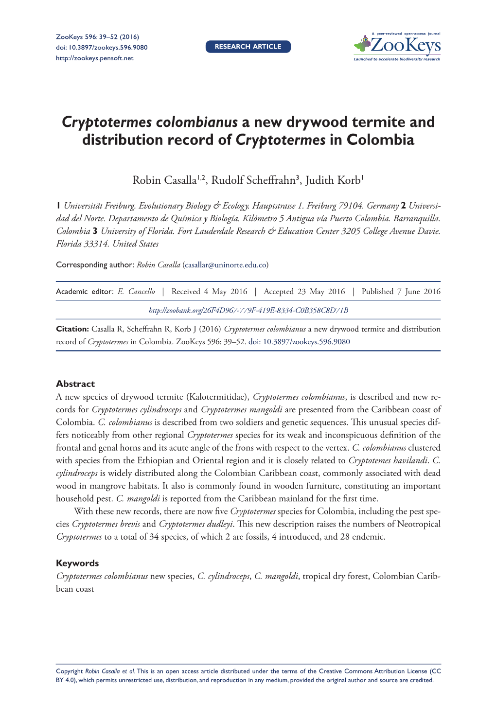 Cryptotermes Colombianus a New Drywood Termite and Distribution Record of Cryptotermes in Colombia