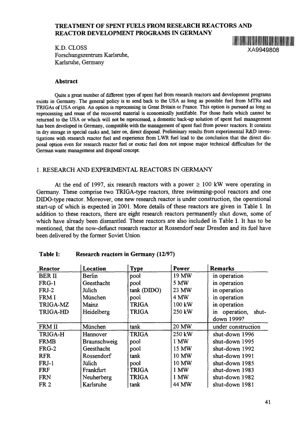 Treatment of Spent Fuels from Research Reactors and Reactor Development Programs in Germany