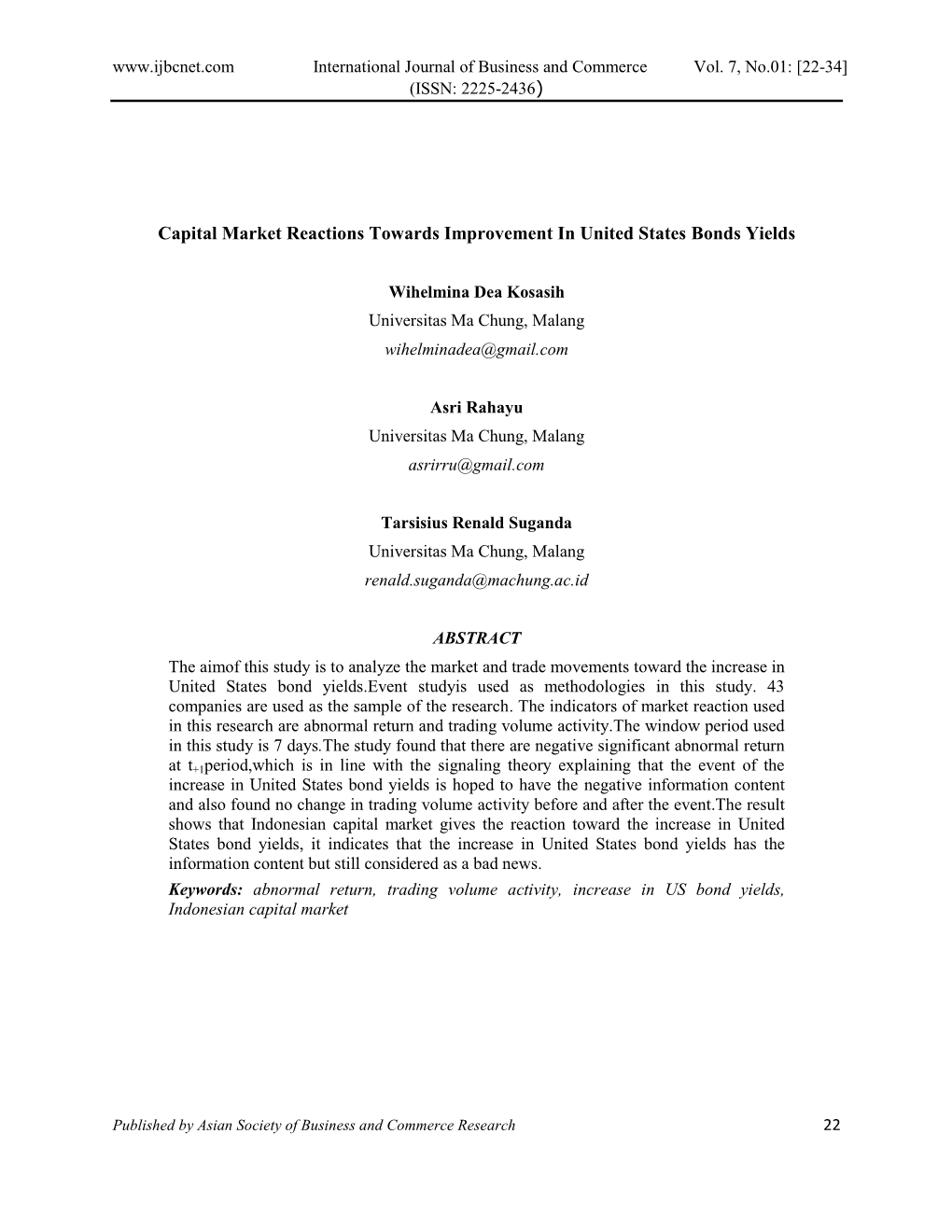 Capital Market Reactions Towards Improvement in United States Bonds Yields