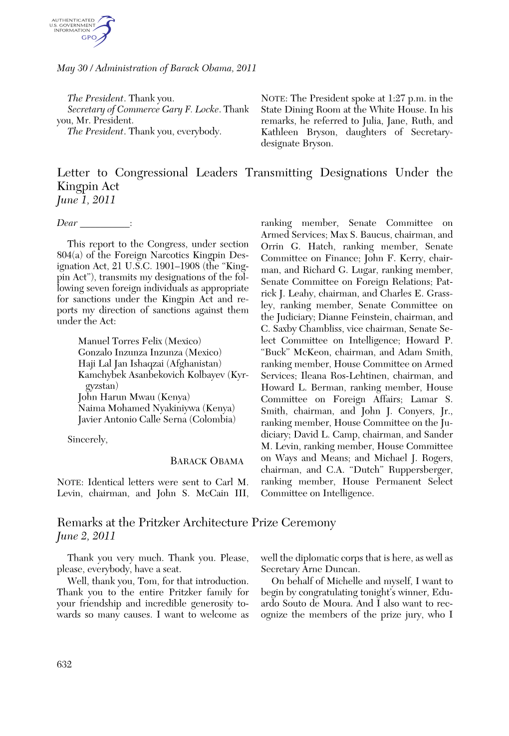 Letter to Congressional Leaders Transmitting Designations Under the Kingpin Act June 1, 2011