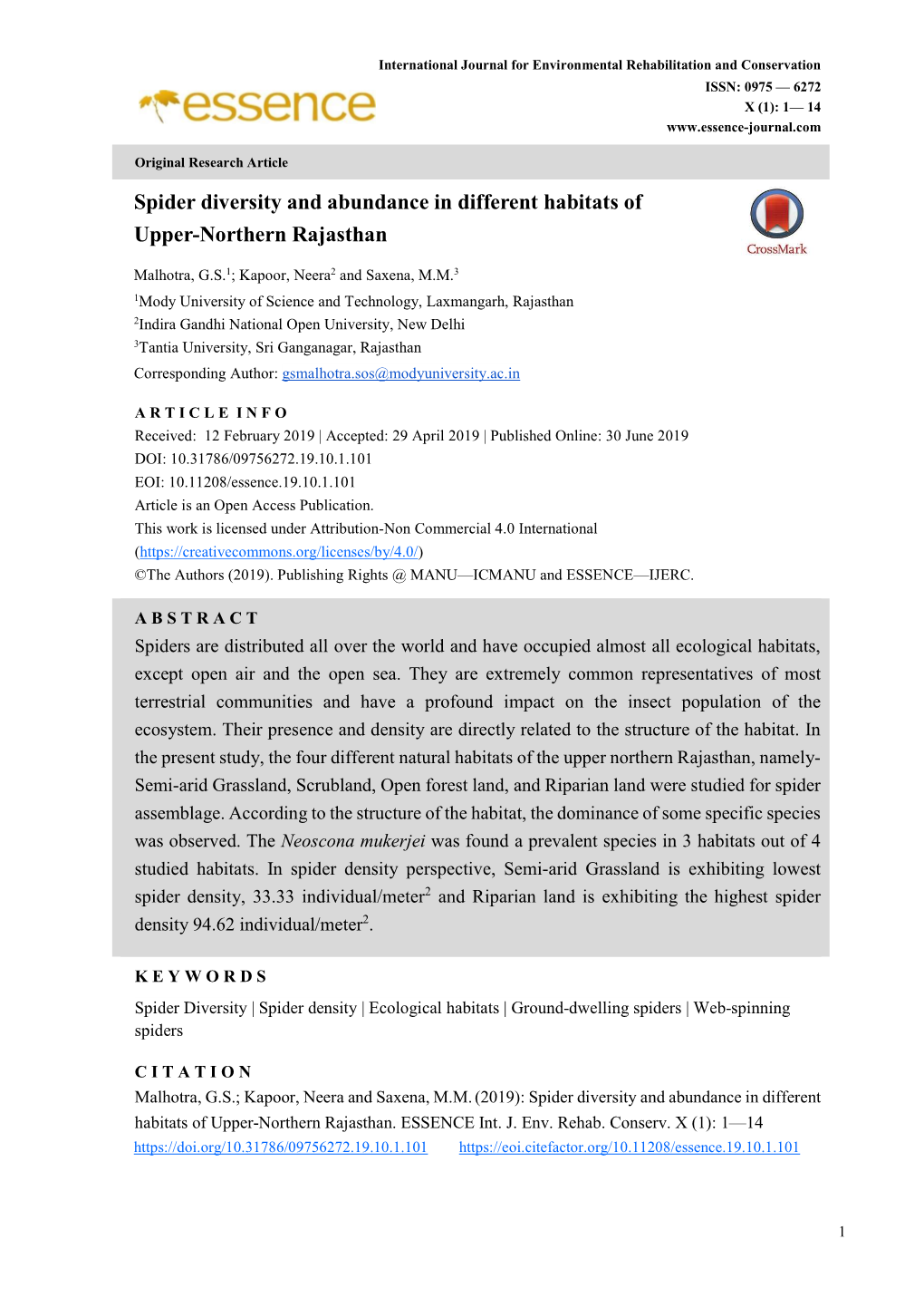 Spider Diversity and Abundance in Different Habitats of Upper-Northern Rajasthan