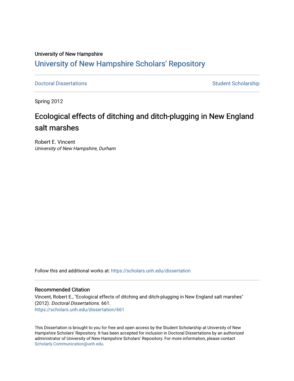 Ecological Effects of Ditching and Ditch-Plugging in New England Salt Marshes