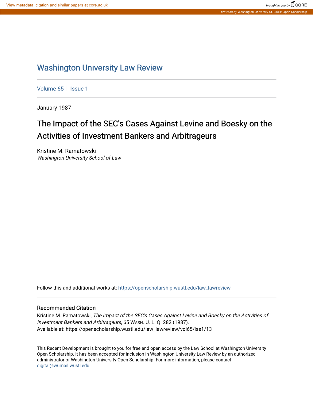 The Impact of the SEC's Cases Against Levine and Boesky on the Activities of Investment Bankers and Arbitrageurs