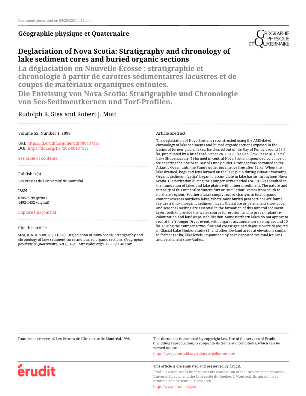 Deglaciation of Nova Scotia: Stratigraphy and Chronology of Lake Sediment Cores and Buried Organic Sections