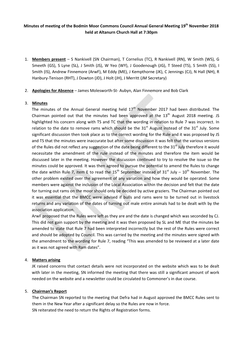 Minutes of Meeting of the Bodmin Moor Commons Council Annual General Meeting 19 Th November 2018 Held at Altanurn Church Hall at 7:30Pm