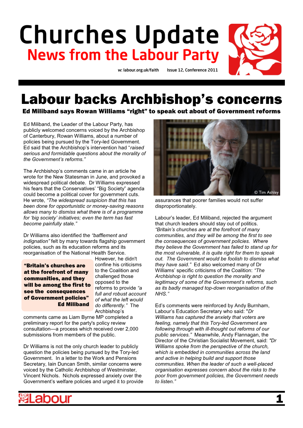 Labour Backs Archbishop's Concerns