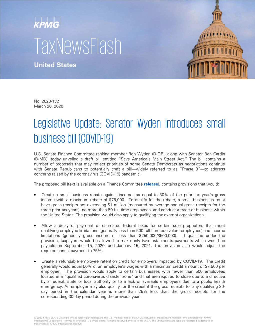 Legislative Update: Senator Wyden Introduces Small Business Bill (COVID-19)
