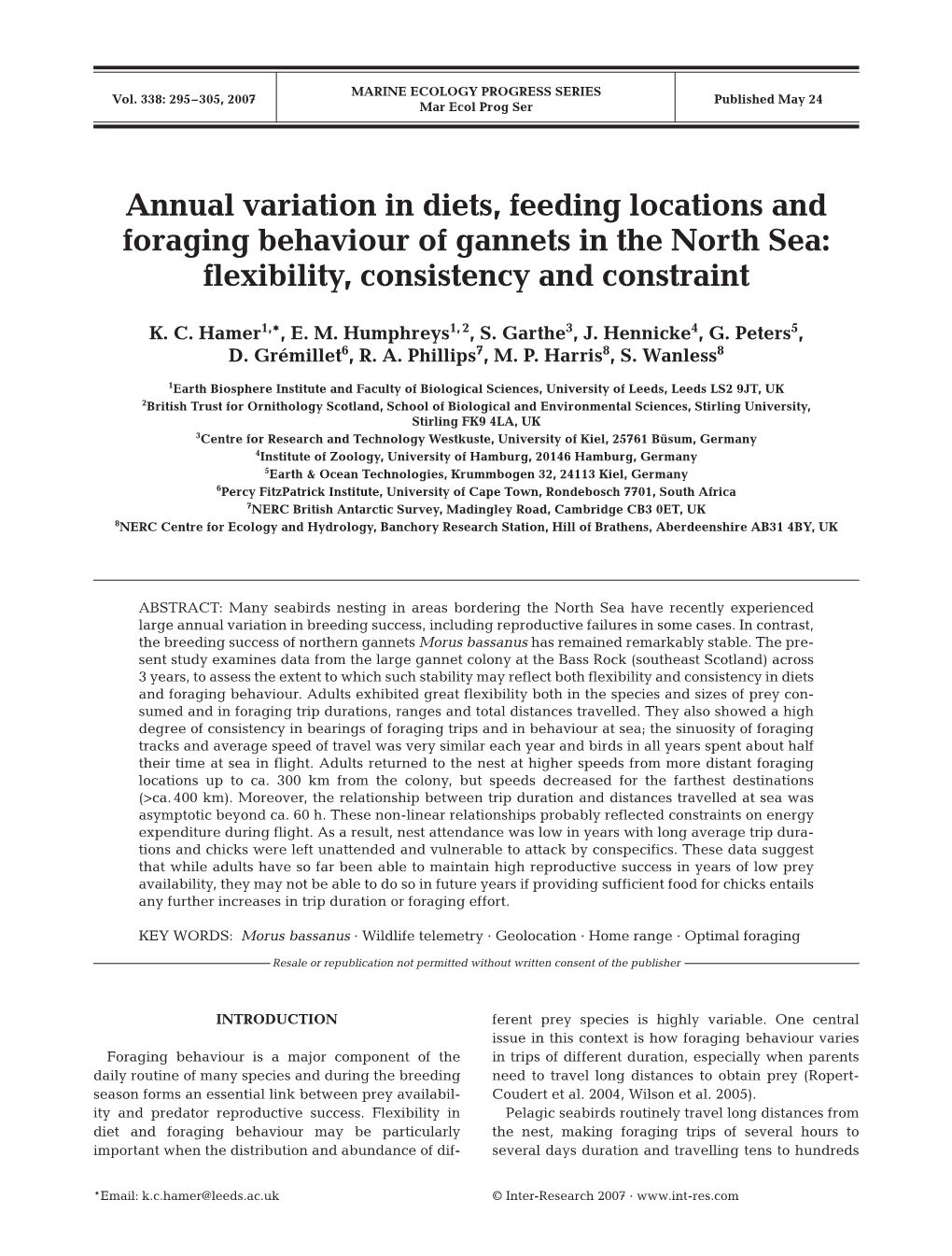 Annual Variation in Diets, Feeding Locations and Foraging Behaviour of Gannets in the North Sea: Flexibility, Consistency and Constraint