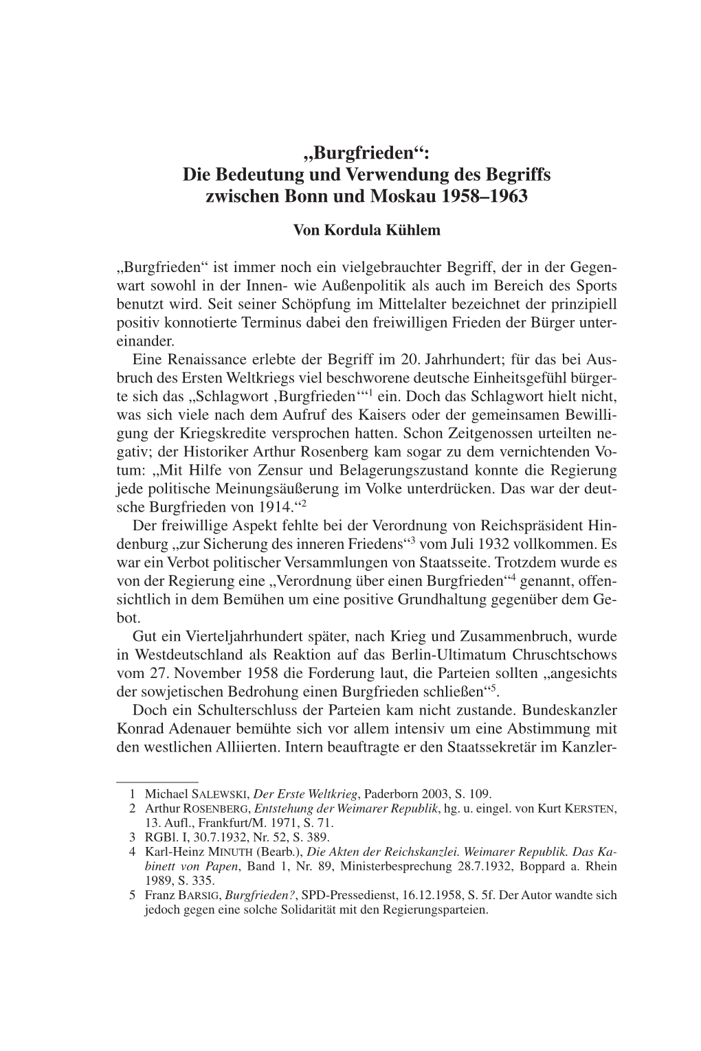 Kordula Kühlem: „Burgfrieden“: Die Bedeutung Und Verwendung Des Begriffs Zwischen Bonn Und Moskau 1958–1963, In