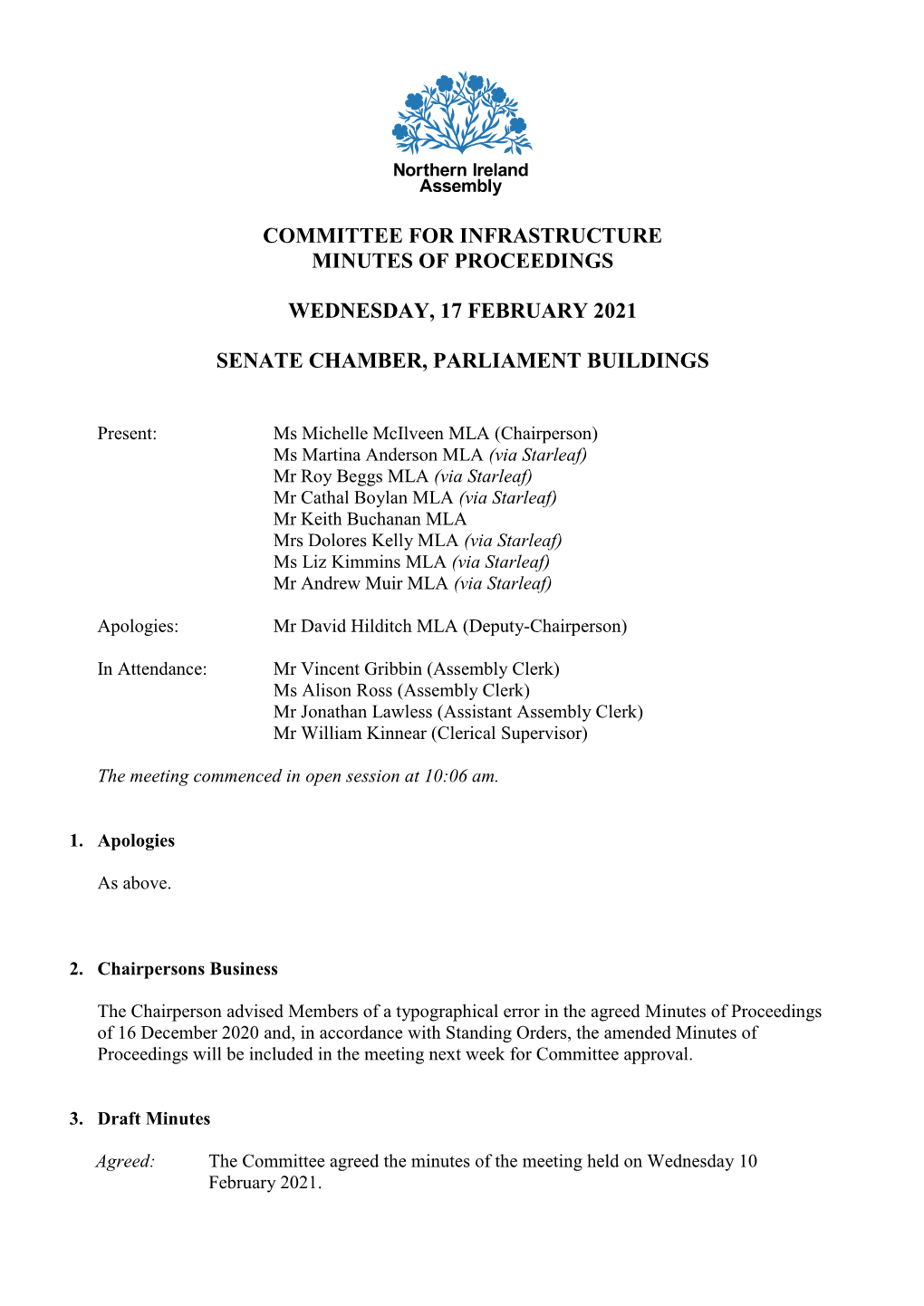 Committee for Infrastructure Minutes of Proceedings