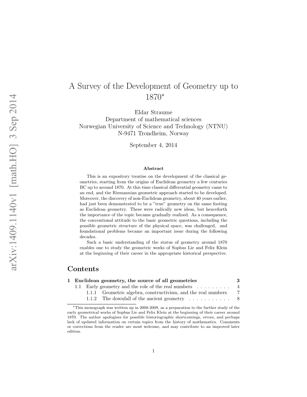 A Survey of the Development of Geometry up to 1870