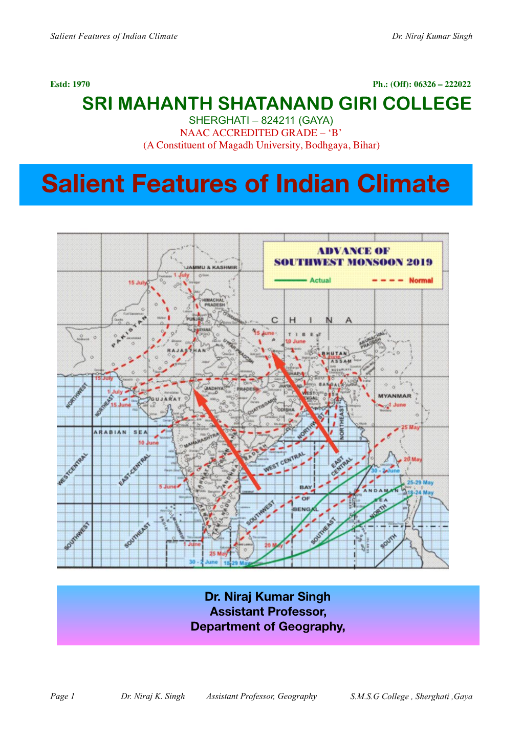 Salient Features of Indian Climate Dr